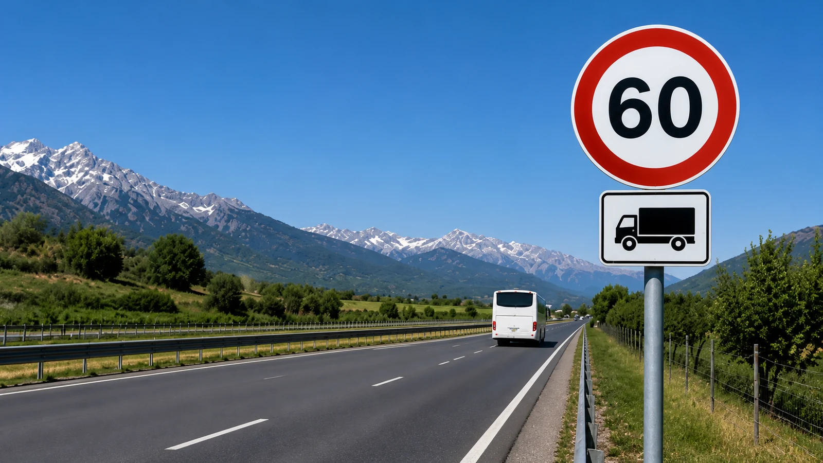 صورة السؤال D-BUS-Q04: كنسوق حافلة، واش علامة تحديد السرعة 60 مع لوحة عربة نقل البضائع كتخصني؟