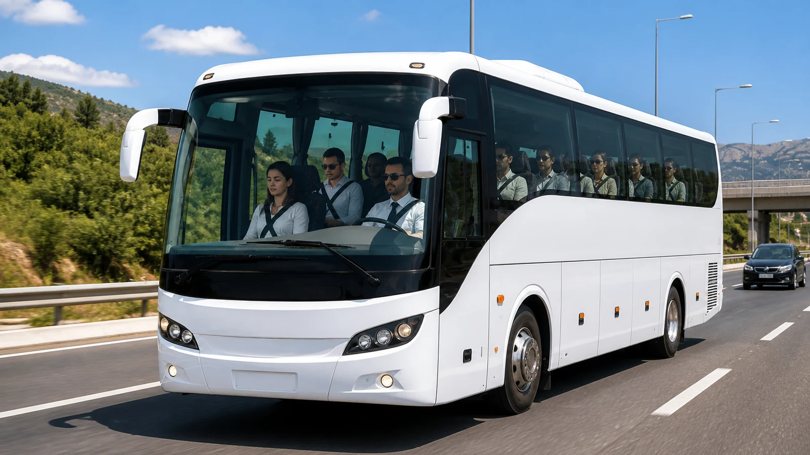 صورة السؤال D-BUS-Q13: فالحافلة لازم على الركاب يجلسو فالمقاعد المخصصة ليهم، ويستعملو حزام السلامة خارج التجمعات السكنية.