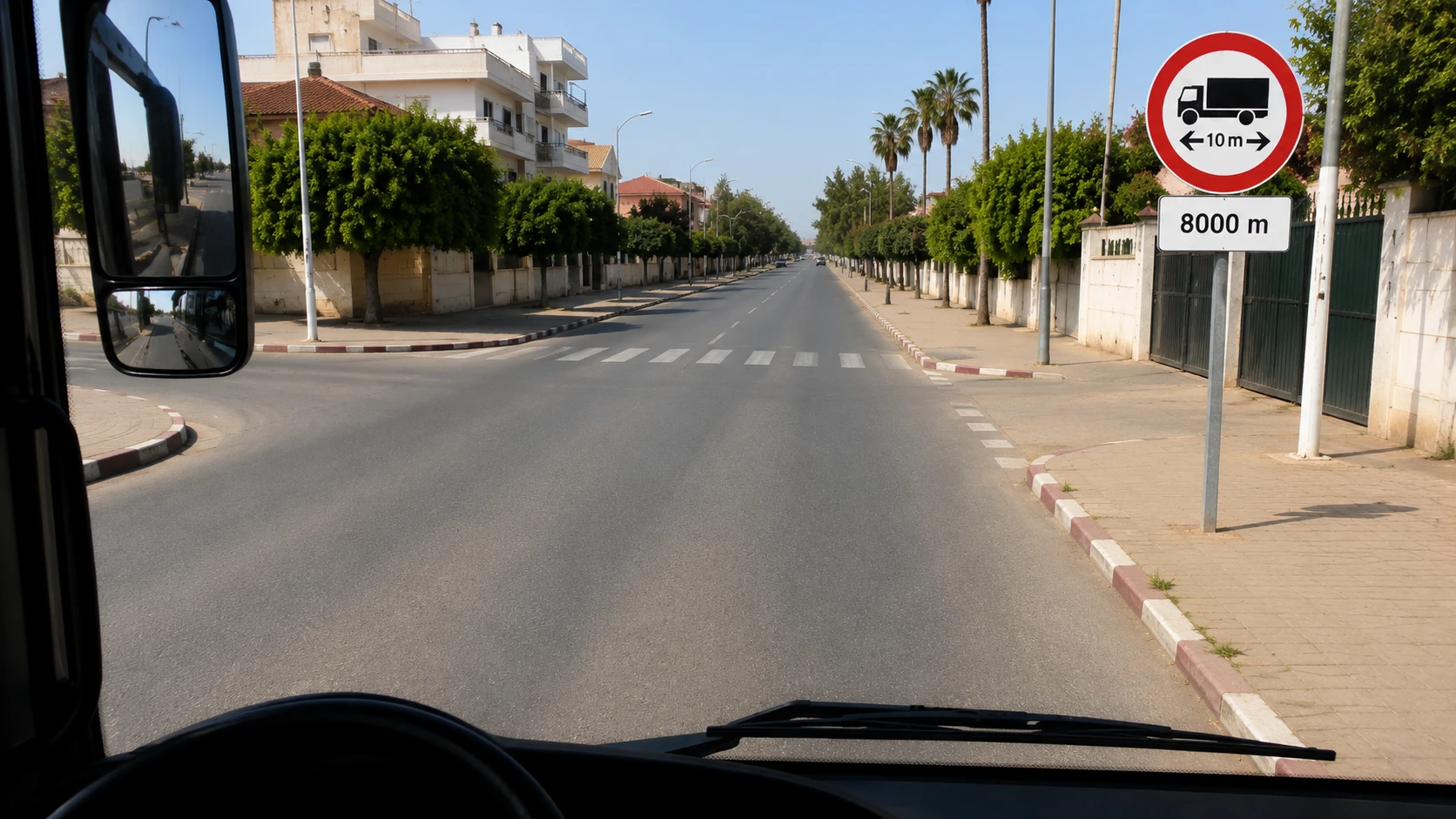 صورة السؤال D-SERIES-1--D-BUS-Q05: الطول ديال الحافلة هو 12 متر. مع علامة المنع لمسافة 8000 متر: نقدر نتابع السير للقدام؛ ونقدر ندور على اليسر.