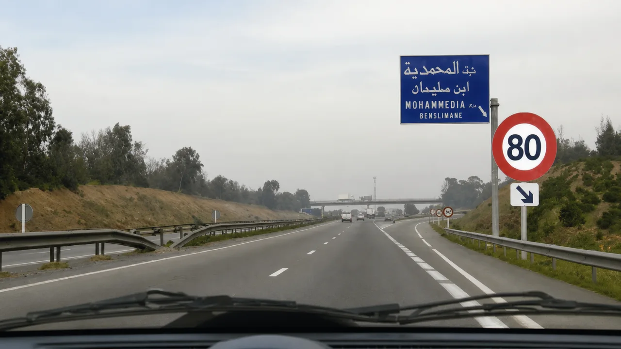 صورة السؤال S11-Q34: كنسوق بـ100 كلم فالساعة، من الواجب عليا ننقص من السرعة باش نكمل السير لقدام :
وباش ناخذ منفذ الخروج للمحمدية :