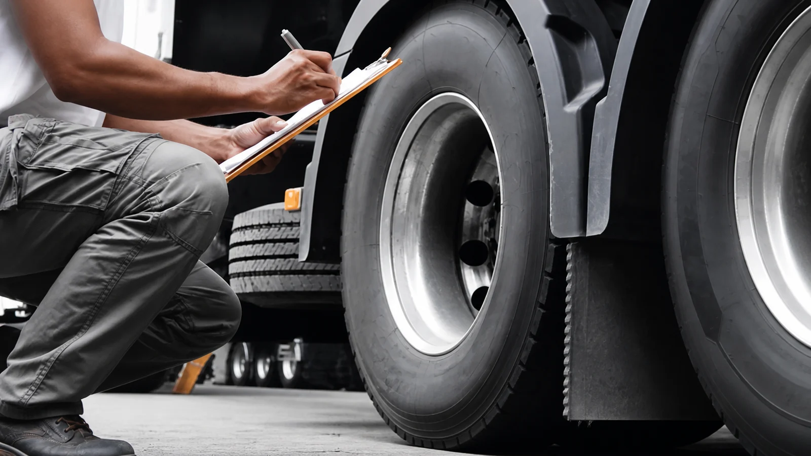 صورة السؤال C-TRUCK-Q03: قبل الانطلاق، من الواجب مراقبة:
حالة العجلات:
ضغط الإطارات: