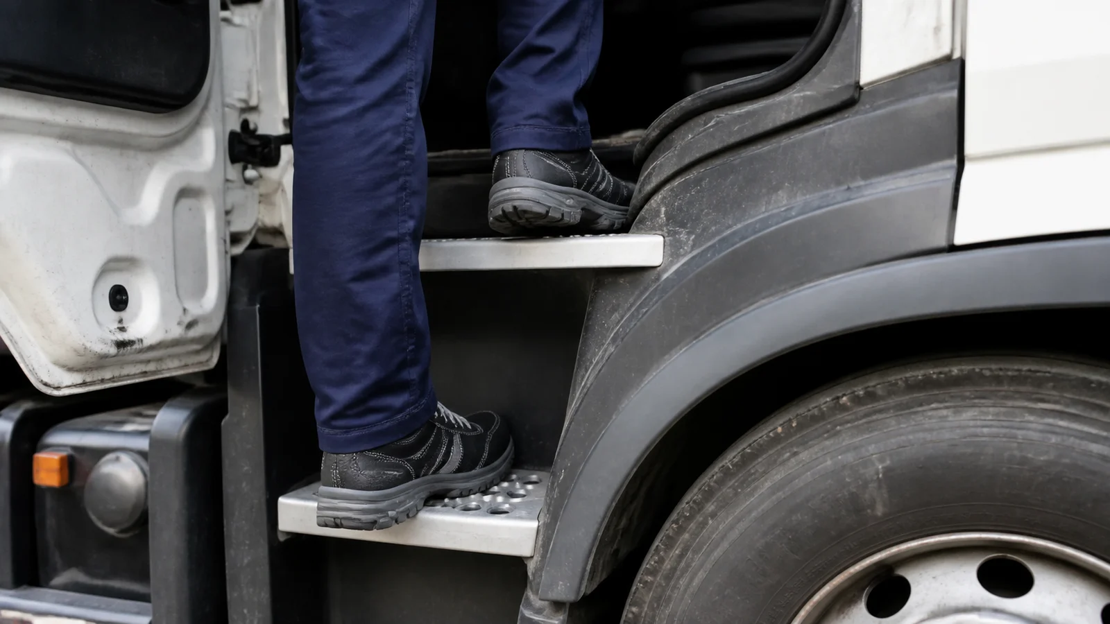 صورة السؤال C-TRUCK-Q16: لصعود ونزول آمن من المركبة، من الواجب ارتداء أحذية ذات دعامة غير قابلة للانزلاق: