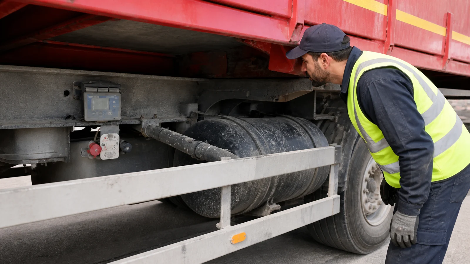 صورة السؤال C-TRUCK-Q24: قبل الانطلاق، من الواجب على السائق يتحقق من حالة الهيكل الخارجي للمركبة: